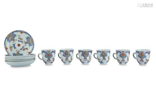 SIX CHINESE FAMILLE ROSE 'BIRDS' COFFEE CUPS AND FIVE SAUCERS.