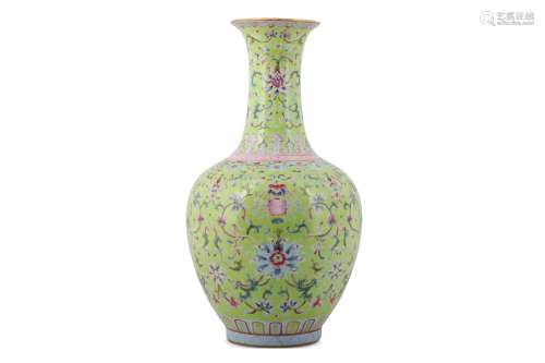 A CHINESE FAMILLE ROSE LIME GREEN-GROUND 'LOTUS' VASE.