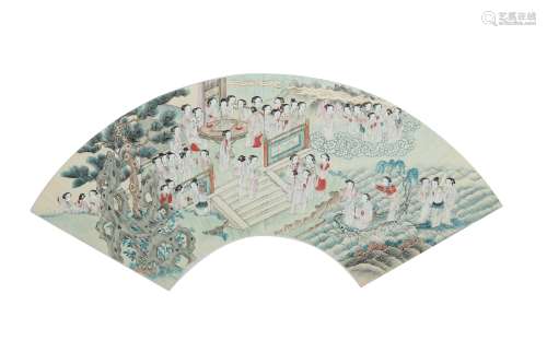 A CHINESE FAN LEAF PAINTING OF IMMORTAL LADIES.