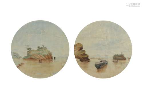 A PAIR OF CIRCULAR LANDSCAPE PAINTINGS ON SILK OF CHINA.