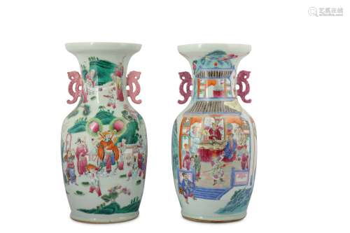 † A PAIR OF CHINESE FAMILLE ROSE FIGURATIVE VASES.