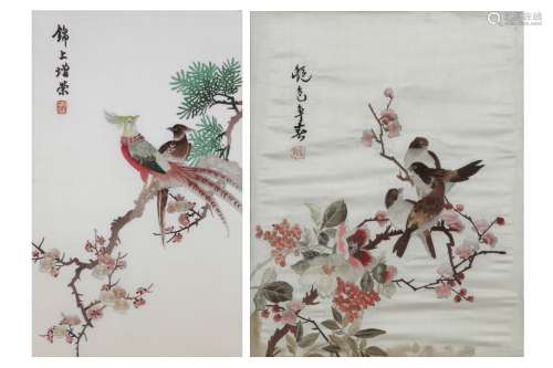 TWO CHINESE EMBROIDERED PANELS OF BIRDS AND FLOWERS.