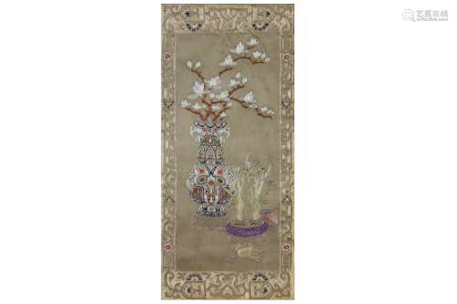 A CHINESE EMBROIDERED SILK PANEL.