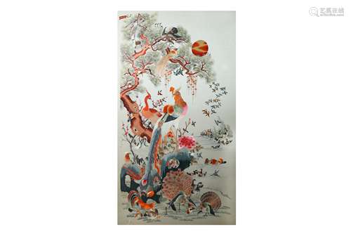 A LARGE CHINESE EMBROIDERED 'HUNDRED BIRDS' PANEL.