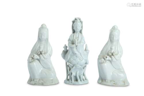 THREE SMALL CHINESE BLANC-DE-CHINE FIGURES OF GUANYIN.