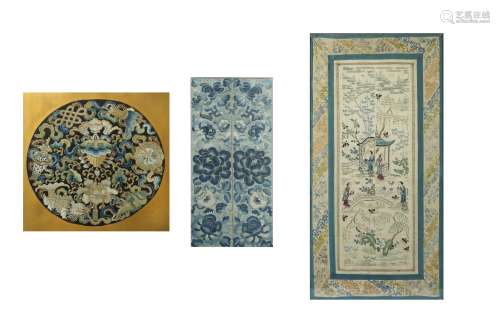 THREE CHINESE EMBROIDERED PANELS.