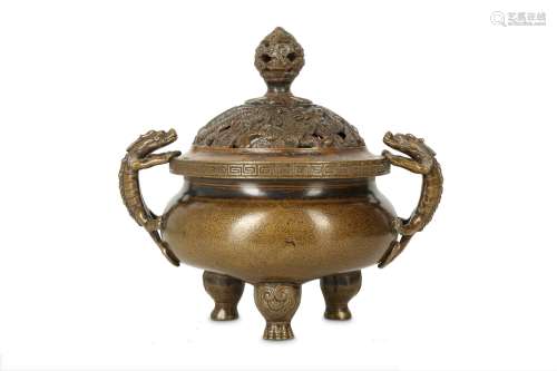 A CHINESE BRONZE 'CHILONG' INCENSE BURNER AND COVER.