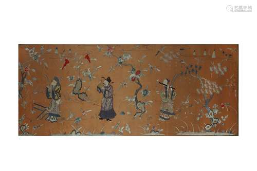 A CHINESE PEACH-GROUND EMBROIDERED SILK 'IMMORTALS' PANEL.