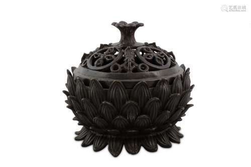 A CHINESE BRONZE 'LOTUS' INCENSE BURNER AND COVER.