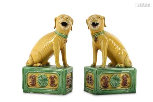 A PAIR OF CHINESE SANCAI-GLAZED BISCUIT FIGURES OF DOGS.
