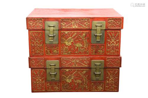 A PAIR OF CHINESE LEATHER CINNABAR LACQUER AND GILT-DECORATED CHESTS.