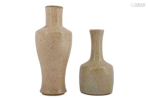 A CHINESE CRACKLE-GLAZED MALLET VASE AND A BALUSTER VASE.