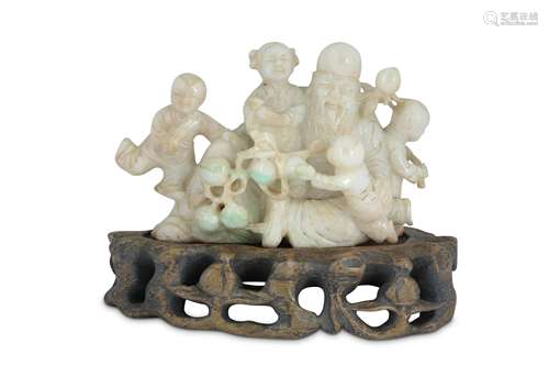 A CHINESE JADEITE CARVING OF SHOU LAO AND FOUR CHILDREN.