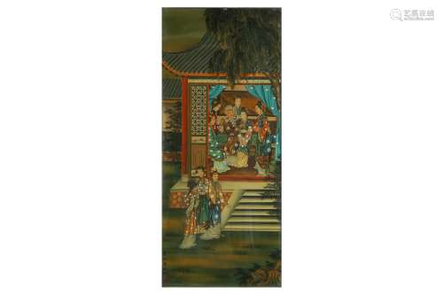 A CHINESE REVERSE GLASS PAINTING OF LADIES.