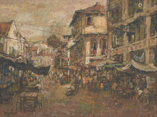 Tan Choh Tee (b. 1942) Evening at an Eating Stall 1977 signed and dated 77 oil on canvas 78 by 54 cm. 30 6/8 by 21 2/8 in.