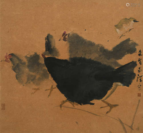 Chen Wen Hsi (1906-1991) Chicken inscribed and stamped with two seals of the artist ink on paper 32.5 by 56.5 cm. 12 6/8 by 22 2/8 in.