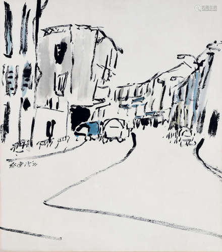 Chua Ek Kay (1947-2008) Chinatown Street Scene 1991 signed and dated 91 ink and colour on paper 69 by 78 cm. 27 1/8 by 30 6/8 in. HK$100,000-150,000 This work is accompanied by a certificate of authenticity from Ode To Art Gallery.