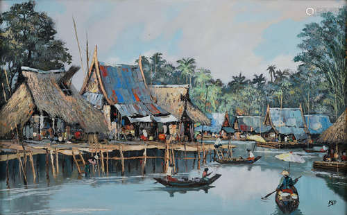 Kid Kosolawat (1917-1988) Floating Market circa 1970s signed oil on canvas 43 by 69 cm. 16 7/8 by 27 1/8 in.