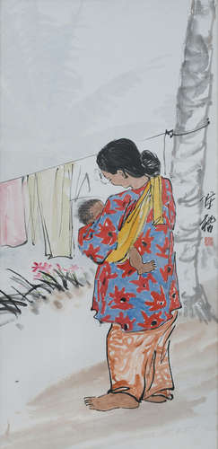 Chen Chong Swee (1910-1985) Untitled (Kampung Woman) circa 1950s inscribed and stamped with artist's seal ink and colour on paper 83 by 40 cm. 32 7/8 by 15 6/8 in.