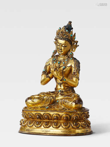 A GILT COPPER ALLOY FIGURE OF MAITREYA ATTRIBUTED TO SONAM GYALTSEN (A. 15TH CENTURY), CENTRAL TIBET, CIRCA 1430-1450