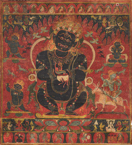 A THANGKA OF PANJARNATA MAHAKALA CENTRAL TIBET, 15TH CENTURY Distemper on cloth. Verso inscribed with mantras of sanctification (