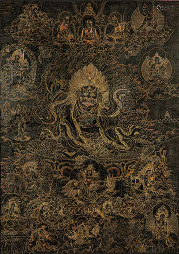 A BLACKGROUND THANGKA OF BERNAGCHEN MAHAKALA TIBET, 18TH CENTURY