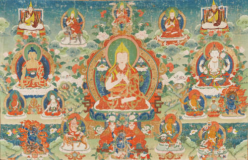 A THANGKA OF TSONGKHAPA WITH THE CURRENT DALAI LAMA, TENZING GYATSO TIBET, CIRCA 1940-1975