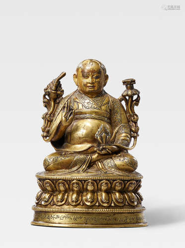 A BRASS FIGURE OF LOWO KHENCHEN SONAM LHUNDRUP, ABBOT OF THE KINGDOM OF LO TIBET, 16TH CENTURY