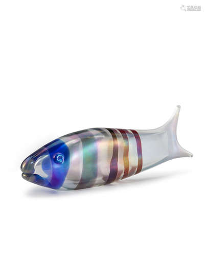 Ken Scott (1918-1989) Pesce 1951 for Venini, model no. 4495, blown glass, applied and with iridized surface, acid stamp 'venini murano italia' height 3 1/2in (9cm); width 13in (33cm)