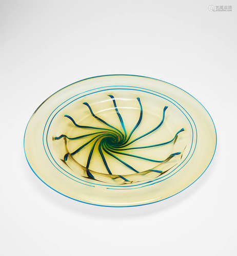 Salviati & C. (founded 1877); attributed to Charger with Green Canes circa 1890 blown glass applied with canes, within later enameled metal frame diameter 22in (56cm); depth 1 3/4in (4.5cm)