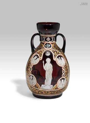 Venetian Medieval Revival Twin-Handled Vase circa 1890 blown and applied glass, with enameled and gilt decoration height 7 1/2n (19cm); diameter 4 1/4in (11cm)