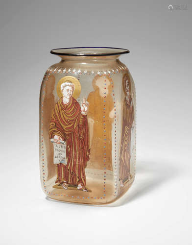 Salviati & C. (founded 1877); attributed to Medieval Revival Vase circa 1890 blown glass with enameled and gilt decoration height 8 1/2in (21.5cm); diameter 5in (12.5cm)