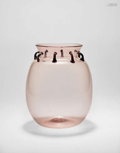 PAULY & CO.; ATTRIBUTED TO Soffiato Vase 1921-22 for MVM Cappellin, soffiato glass with slight iridescence and applied handles height 9 1/2in (24cm); diameter 7 1/2in (19cm)