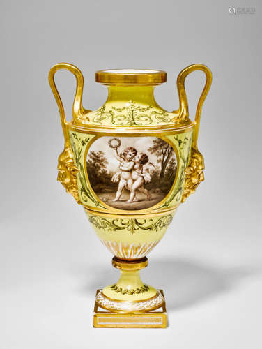 Dihl et Guerhard (1781-1828) Vase circa 1790 glazed porcelain with gilt highlights height 12in (30cm); width 7 1/4in (18.5cm); depth 5 1/2in (14cm)