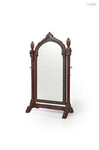 American Aesthetic Floor Standing Mirror circa 1890 in an Indo-Islamic style, carved and polychrome wood, mirrored glass, blue and red painted, incorporating the monogram 