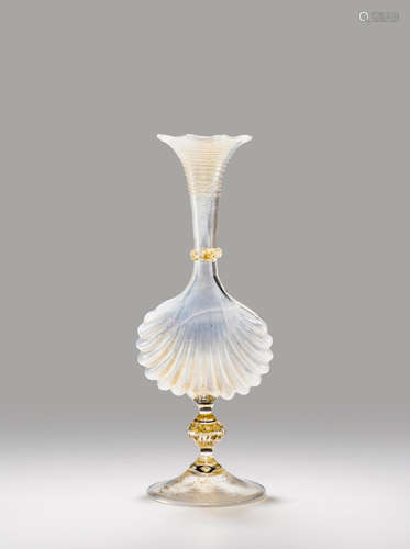 Salviati & C. (founded 1877) Scallop Vase circa 1890 blown and applied opalescent glass with gold powders height 9 3/4in (24.5cm); 3 3/4in (9.5cm)