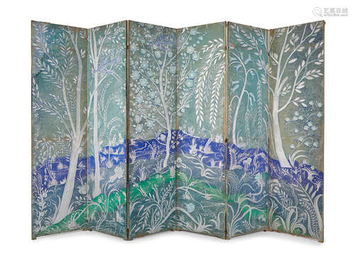 Robert Winthrop Chanler (1872-1930) Six Panel Screen circa 1915 purportedly for the Harriman Family, painted fabric on wood frames height 9ft (274cm); width 14 ft (427cm); depth 1in (2.5cm)