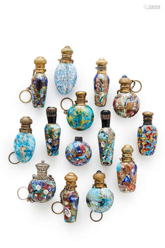 Venetian Group of Fourteen Portrait Murrine Scent Bottles Second Half of the 19th Century fused and aventurine glass largest length 3in (7cm); width 1in (2.5cm)