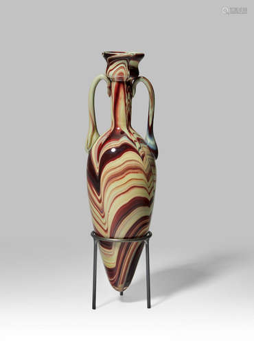 Salviati & C. (founded 1877) Calcedonio Amphora circa 1890 blown and applied glass, with metal stand height 7in (18cm); diameter 2 1/4in (5.5cm