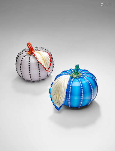 Napoleone Martinuzzi (1892-1977) Two Pumpkin Sculptures circa 1928 for V.S.M. Venini & Co., blown glass applied with pasta glass with gold foil applications height 4 1/2in (11.5cm); diameter 5in (13cm); height 5in (12.5cm); diameter 5 1/4in (14cm)