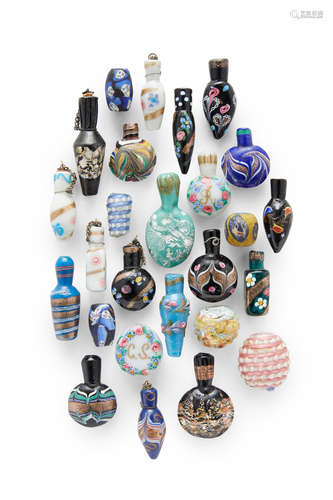 Venetian A Collection of Twenty Five Scent Bottles and Beads circa 1870-1910 together with filgrana dish, blown and applied glass and murrine glass dish diameter 6 3/4in (17cm)