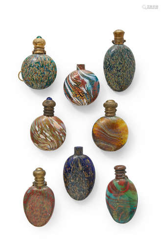 Venetian Group of Eight Scent Bottles Second Half of the 19th Century blown and internally decorated glass length 4 1/2in (11cm)