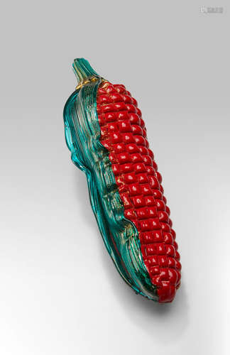 Napoleone Martinuzzi (1892-1977) Corncob 1926 for V.S.M. Venini & C., model no. 2438, red pasta glass applied with clear glass and gold foil length 8 1/2in (24cm)