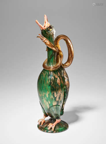 Salviati & C. (founded 1877) Zoomorphic Pitcher 1875 blown and applied glass internally decorated with aventurine height 11 3/4in (30cm); width 4in (10cm)