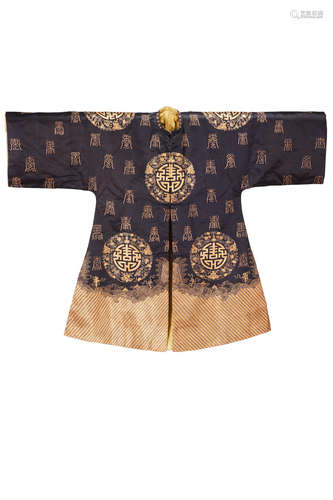 A CHINESE black silk longevity robe Baishouyi Early 20th Century