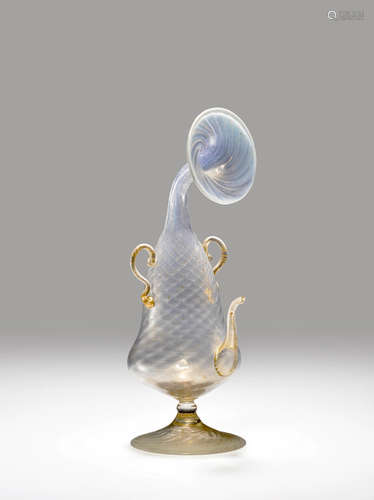 Salviati & C. (founded 1877) Kuttrolf Flask circa 1890 model no. 1026, pattern-blown girasol in spiral ribbing with gold leaf, opalescent with applied details height 9in (23cm); width 4in (10cm); depth 3in (8cm)