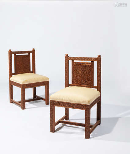 Lockwood de Forest (1850-1932) Lockwood de Forest (1850-1932) Pair of Side Chairs circa 1890 teak, upholstery, carved by the Ahmedabad Wood Carving Company, Ahmedabad, India, possibly assembled in New York height 37in (94cm); width 20in (51cm); depth 20in (51cm)