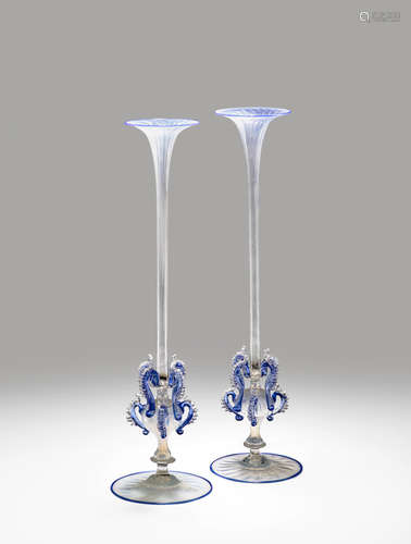 Salviati & C. (founded 1877) Pair of Solifleur Vases circa 1890 model no. 262, blown and applied opalescent glass height 13 1/2in; diameter 3 3/4in (9.5cm)