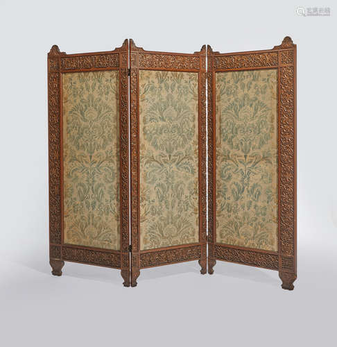 Lockwood de Forest (1850-1932) Three Panel Floor Screen circa 1890 teak, stenciled upholstery, carved by the Ahmedabad Wood Carving Company, Ahmedabad, India, circa 1890, possibly assembled in New York height 68 1/2in (174cm); width 81 3/4in (208cm); depth 1 1/4in (3cm)