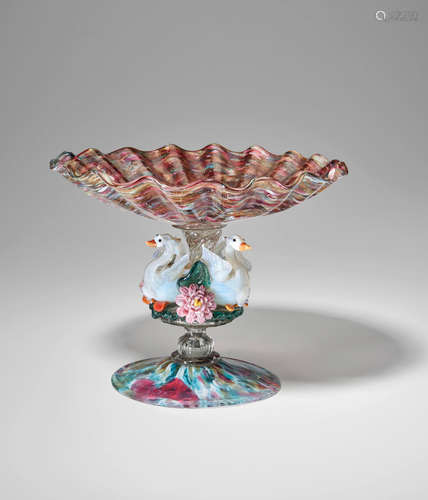 Salviati & C. (founded 1877) Swan Compote circa 1880 blown and applied glass internally decorated with aventurine, scalloped girasol bowl and foot height 6 3/4in (17cm); diameter 8 3/4in (22cm)